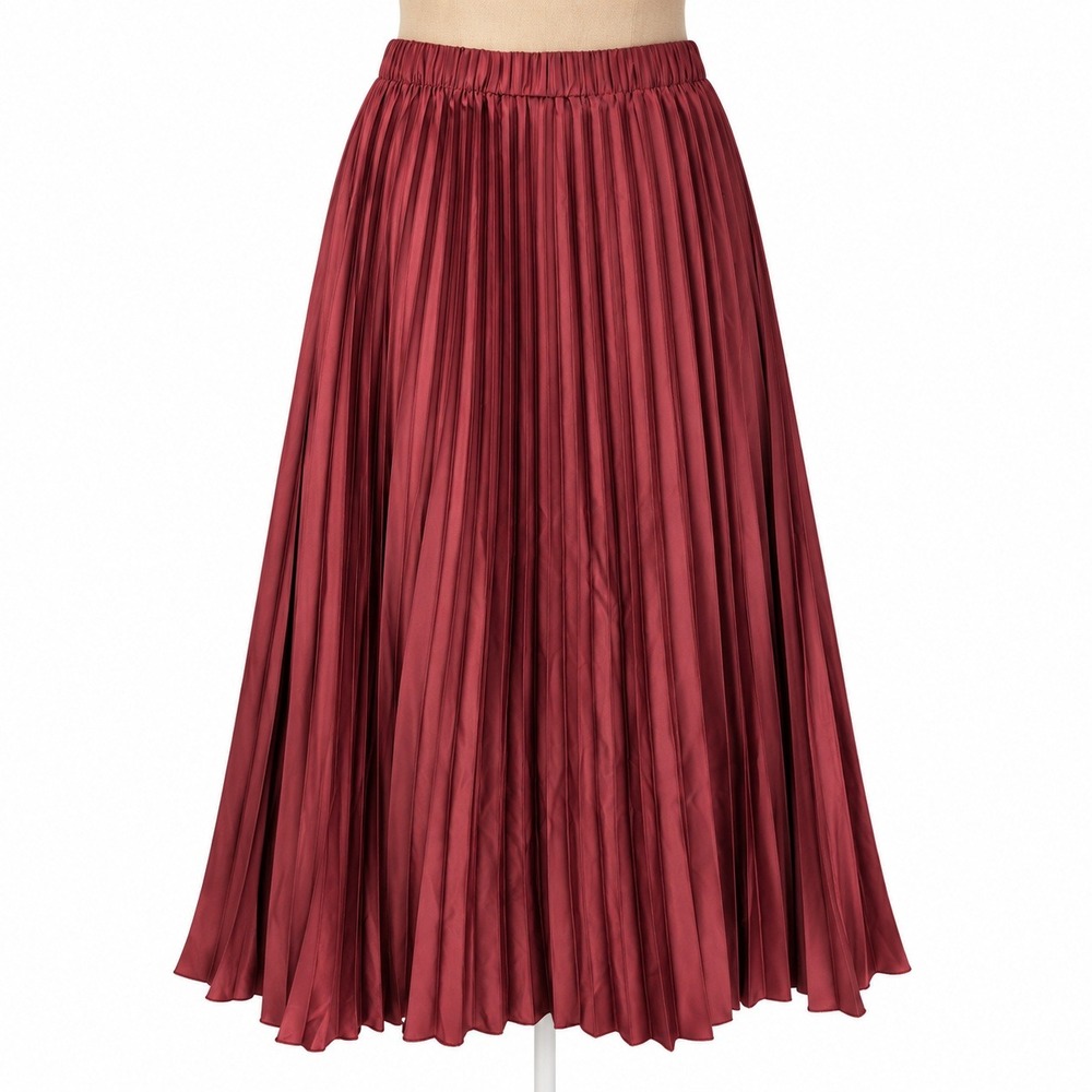 Unbranded Red Brown Pleated Maxi Skirt Elastic Waist High Rise E0336